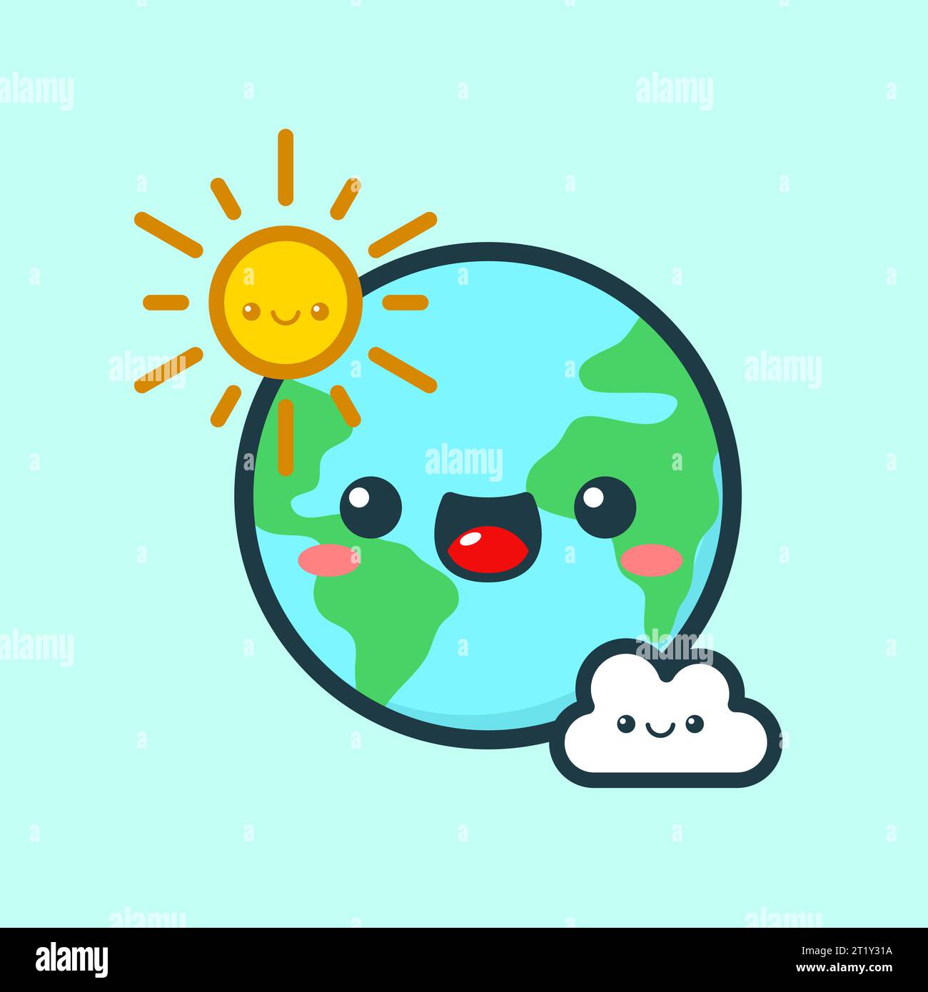 Personnage de Terre mignon et Kawaii style avec Soleil et nuage Illustration de Vecteur