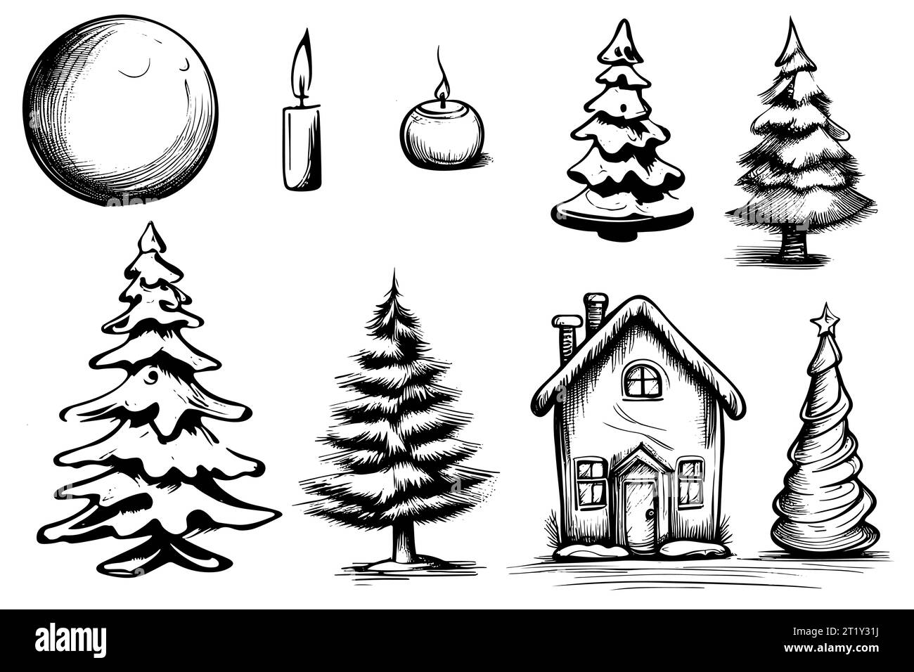 Ensemble d'icônes de doodle dessinées à la main de Noël. Joyeux Noël symbole du nouvel an heureux, style de croquis rétro. Jolie maison et arbre de Noël. Illustration vectorielle isolée sur fond blanc Illustration de Vecteur