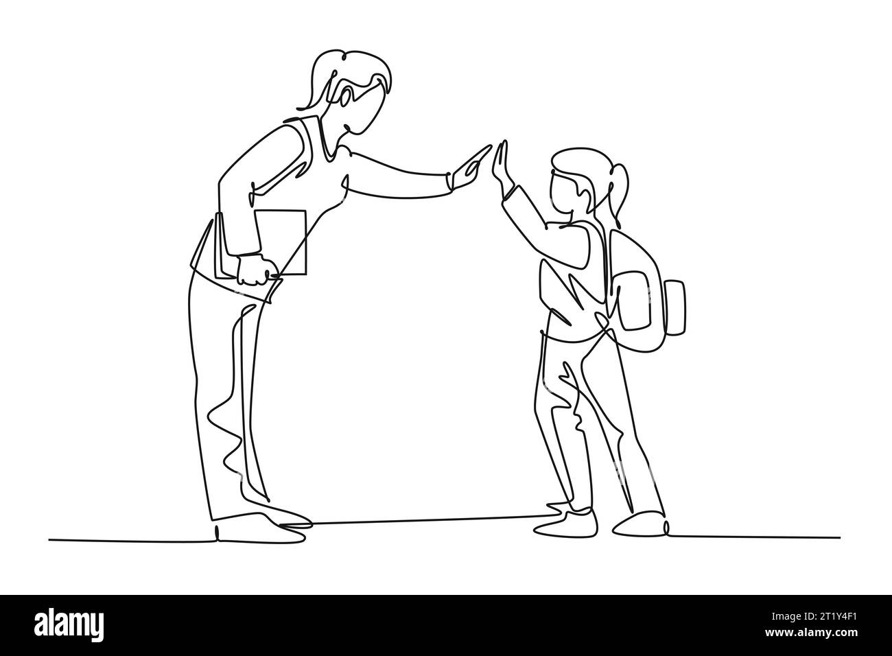 Une seule ligne dessin enseignante rencontre un de ses élèves à l'école et donne un geste élevé de cinq. Concept d'activité scolaire. conti moderne Banque D'Images