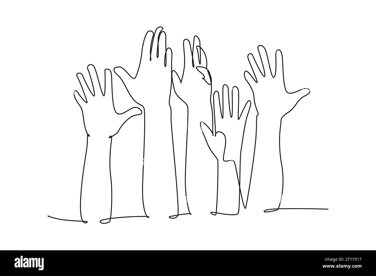 Dessin unique d'une ligne de groupe de personnes s'ouvrent et lèvent leurs mains dans les airs. Concept de collaboration et de travail en équipe commerciale. conti moderne Banque D'Images