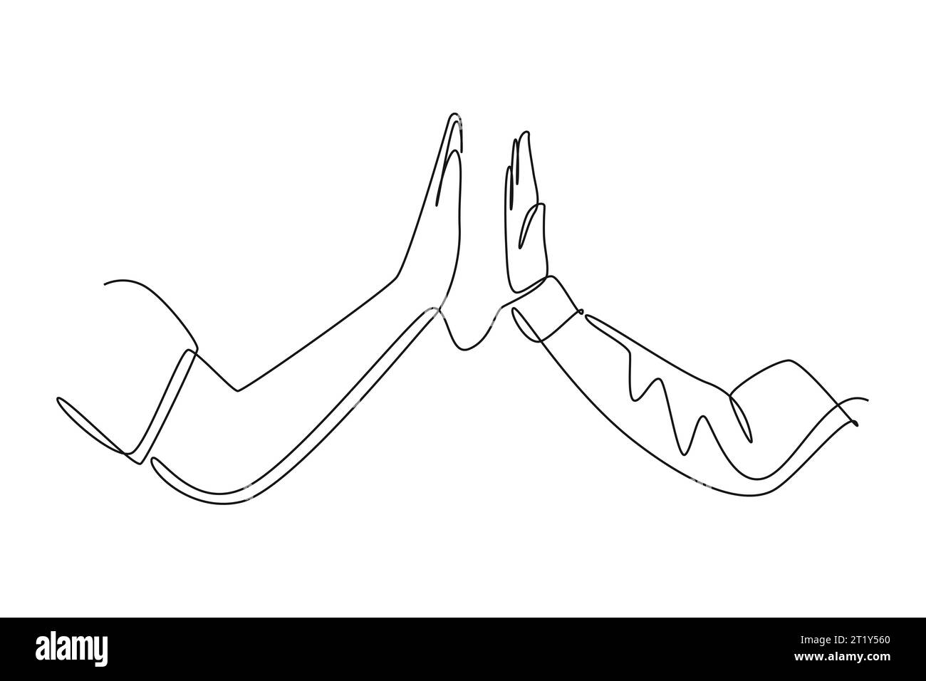 Un seul trait dessinant deux hommes donnant de hautes mains gestuelles portant des vêtements de bureau pour célébrer le succès. Concept de travail d'équipe d'entreprise. Continu moderne Banque D'Images