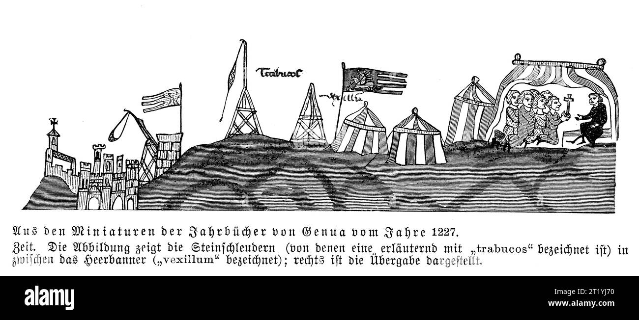 Miniature de l'année 1227 avec une ville fortifiée italienne assiégée à l'époque de la dynastie Hohenstaufen , catapultes près d'un campement militaire avec l'enseigne de l'armée et à droite la capitulation de la ville, d'après les chroniques de Gênes . Banque D'Images