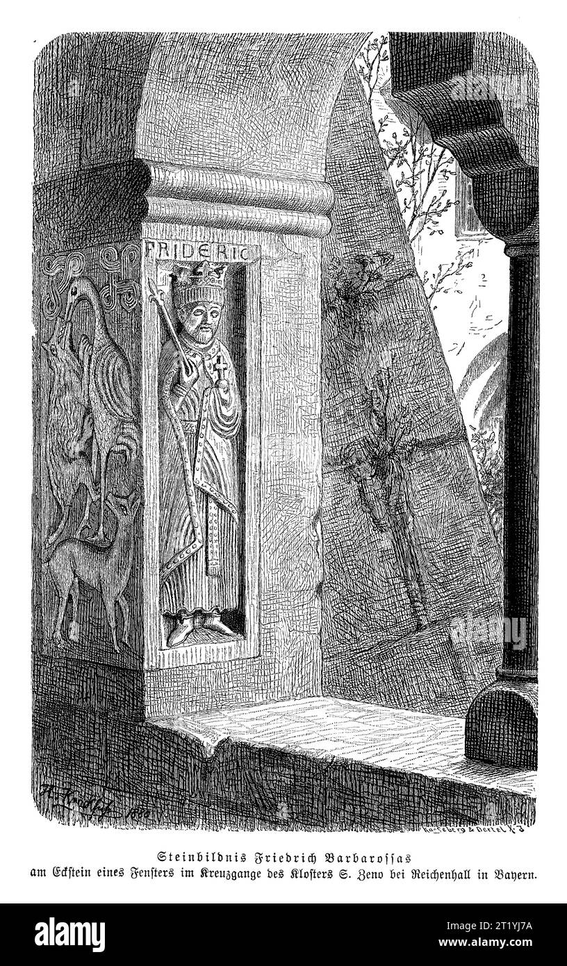 Portrait de Frédéric Ier Barbarossa Saint empereur romain germanique sculpté avec l'orbe impérial comme pierre angulaire d'une fenêtre sur la cour du cloître de Saint Église Zénon à Bad Reichenhall, Allemagne Banque D'Images