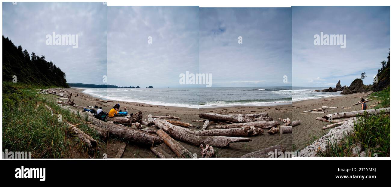 Une image panoramique, multitrame d'un groupe de personnes profiter d'une pause déjeuner le long de la plage du parc national olympique, Washington. Banque D'Images