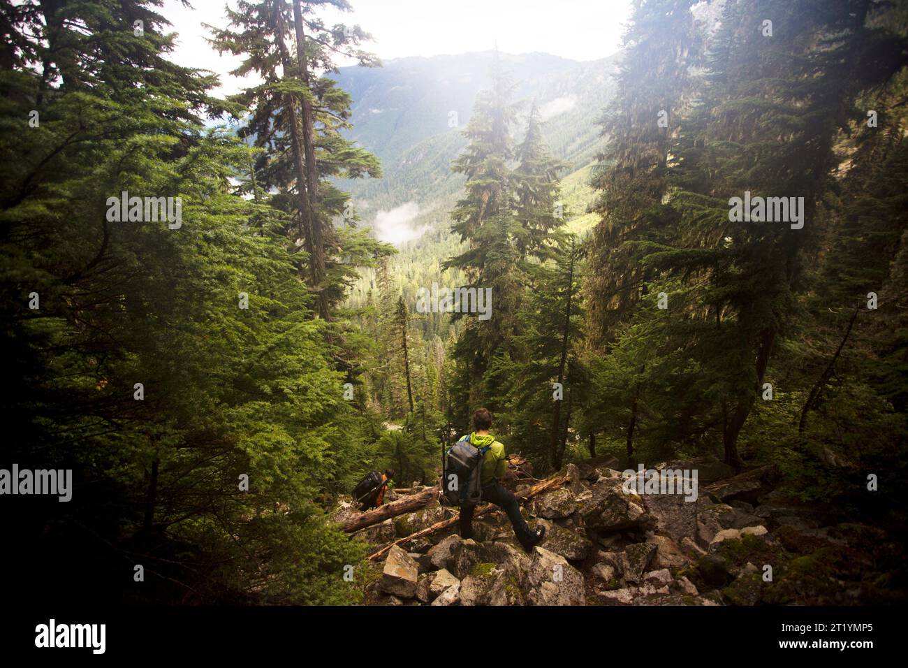 Grimpeurs et randonneurs sur un sentier dans une vallée reculée du parc national North Cascades de Washington par une journée nuageuse et froide. Banque D'Images