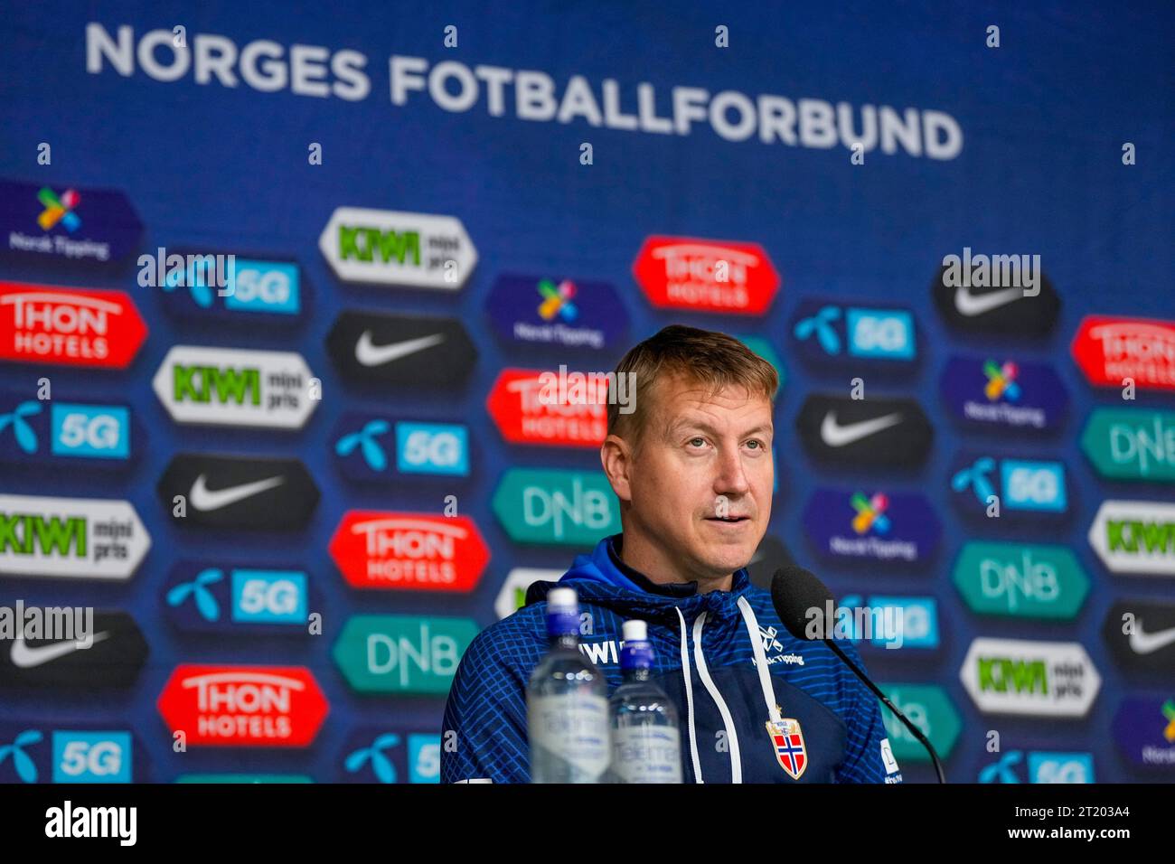 Oslo 20231016.le Manager de l'équipe nationale Leif Gunnar Smerud présente l'équipe pour les matchs de l'équipe nationale féminine de la Ligue des nations contre la France au stade Ullevaal le vendredi 27 octobre et à Reims le 31 octobre. Photo : Beate Oma Dahle / NTB Banque D'Images