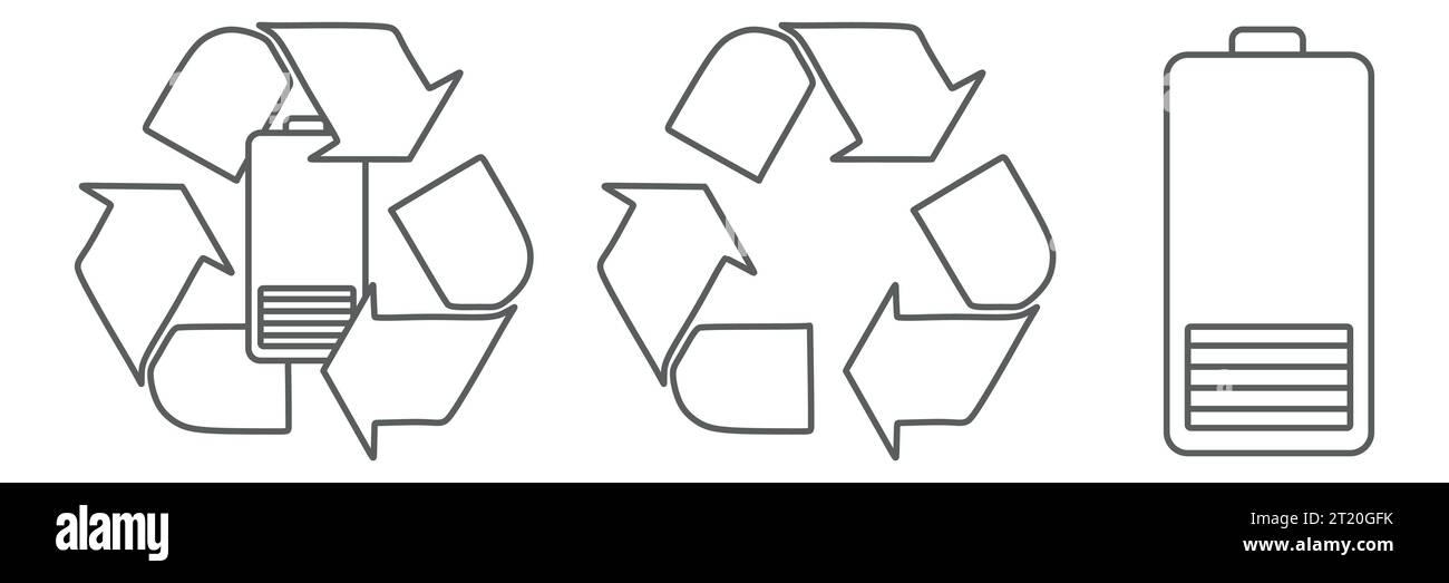 Batterie, chargement, bas, avertissement et panneau de recyclage. jeu d'icônes. Vecteur de ligne isolé sur fond blanc. Concept d'économie de la terre et de recyclage. VE linéaire Illustration de Vecteur