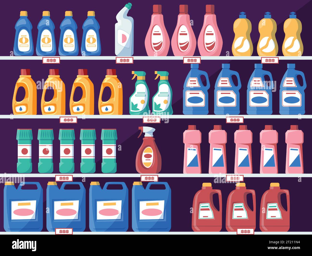 Clayettes avec bouteilles de détergent. Étagères d'épicerie avec poudre de savon liquide, produits de nettoyage ménagers. Concept de supermarché Vector Illustration de Vecteur