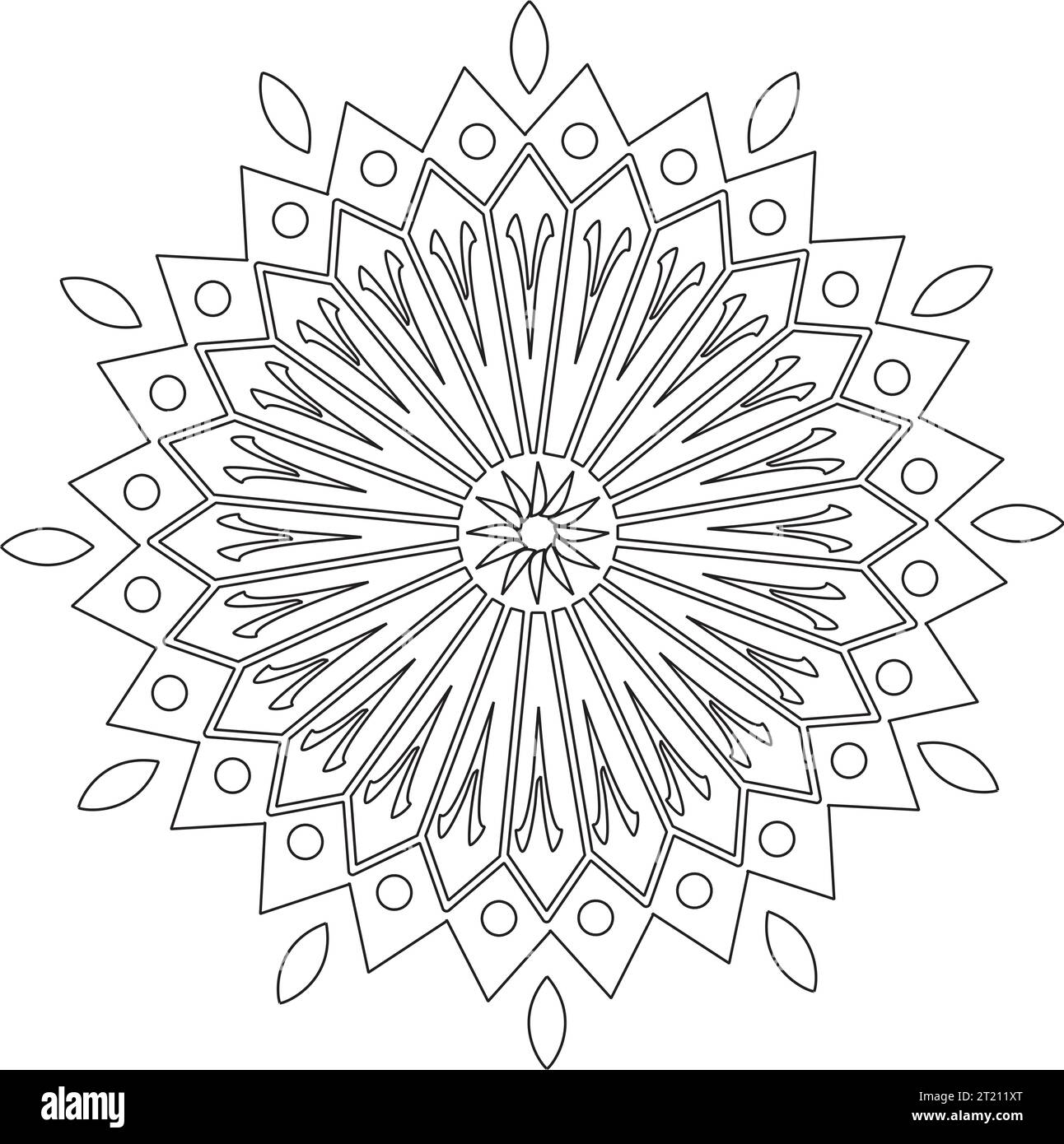 Mandala unique Noir et blanc - Flower nature, feuillage, feuilles, Energy Wheel Circle complexe Symbol Abstract Décoration Coloriage page Illustration de Vecteur