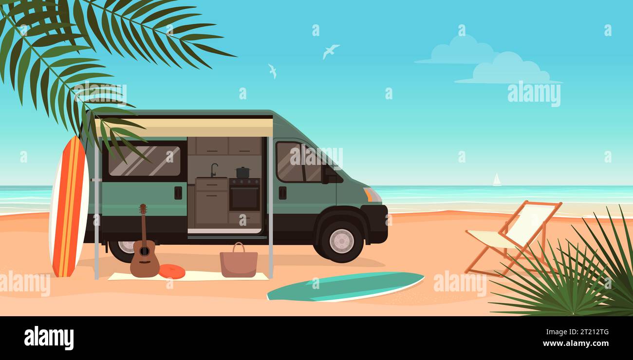 Van Life : camping van sur la plage et le paysage de l'océan Illustration de Vecteur