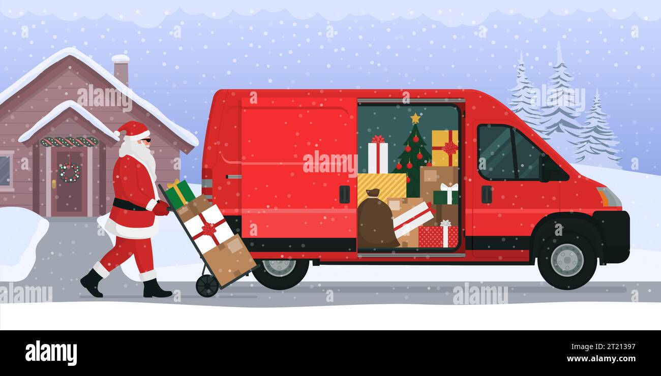 Père Noël livrant des cadeaux de Noël, il charge les boîtes dans un van Illustration de Vecteur