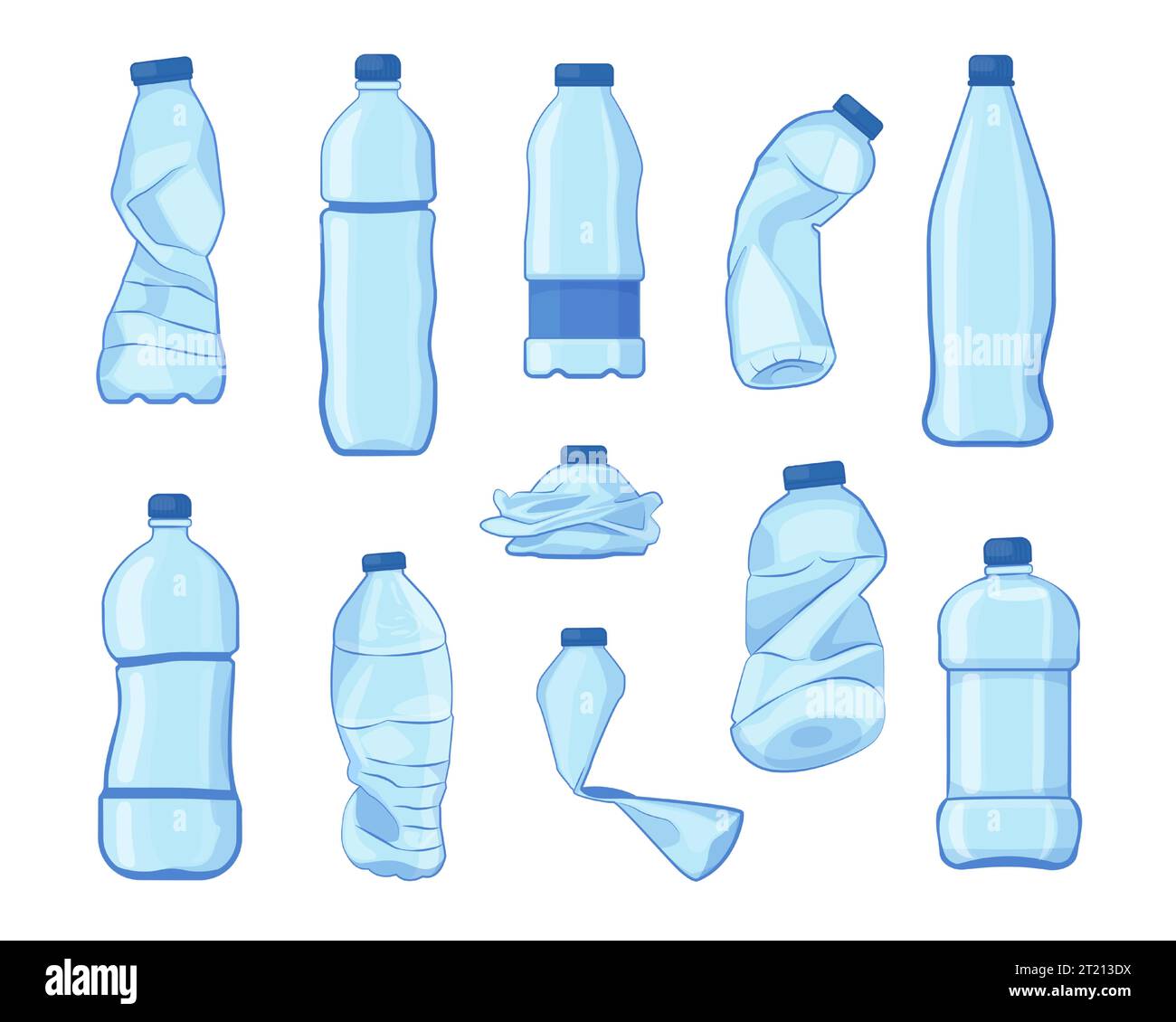 Bouteilles froissées. Bouteilles en plastique cassées, conteneurs en plastique vides écrasés, concept écologique de recyclage des déchets. Ensemble isolé de vecteur Illustration de Vecteur