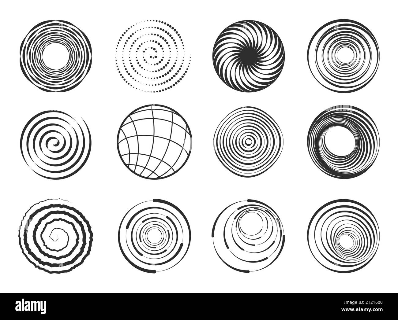 Formes en spirale. Figures géométriques abstraites de tourbillon, éléments abstraits modernes de spirale de cercle ondulé, éléments de conception de bordure noire de mouvement Illustration de Vecteur