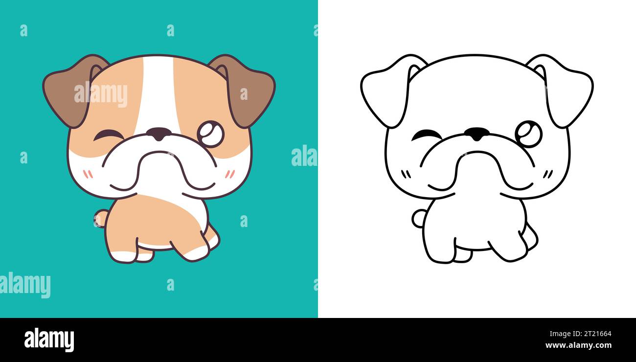 Définissez Clipart Bulldog Dog Coloriage page et Illustration colorée. Chien isolé Kawaii. Illustration de Vecteur
