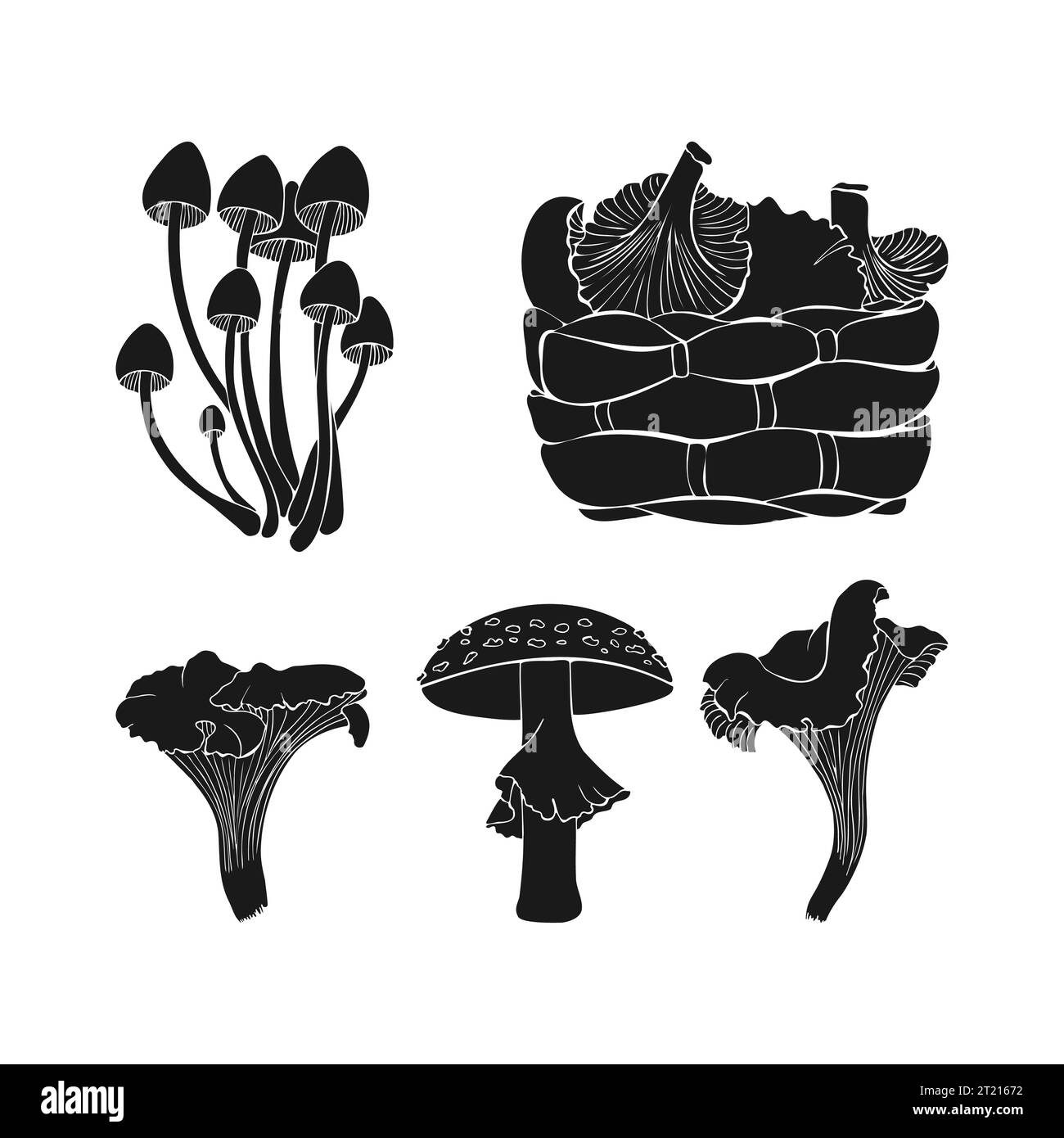 Définissez la silhouette des champignons. Icônes sombres monochromes. Champignons noirs sur fond blanc. Illustration vectorielle Illustration de Vecteur
