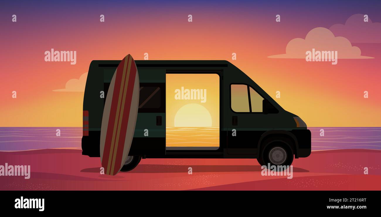 Van Life : Van et planche de surf sur la plage au coucher du soleil Illustration de Vecteur