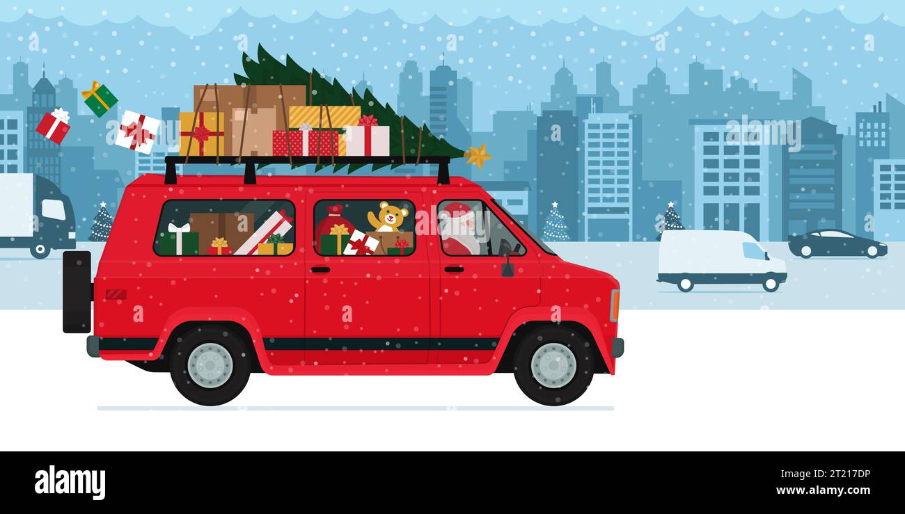 Père Noël conduisant un van dans les rues de la ville et transportant des cadeaux de Noël Illustration de Vecteur