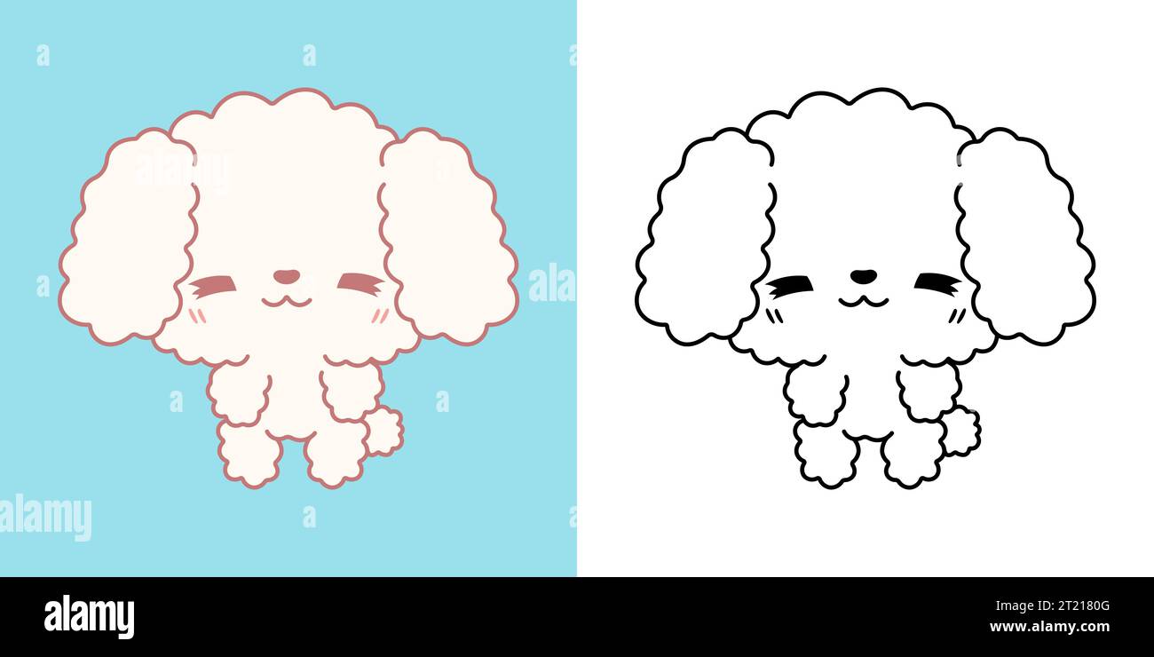 Définissez la page de coloriage du caniche Clipart et l'illustration colorée. Chien isolé Kawaii. Illustration de Vecteur