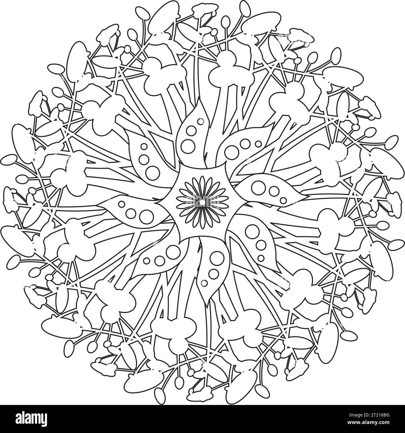 Mandala unique Noir et blanc - Flower nature, feuillage, feuilles, Energy Wheel Circle complexe Symbol Abstract Décoration Coloriage page Illustration de Vecteur