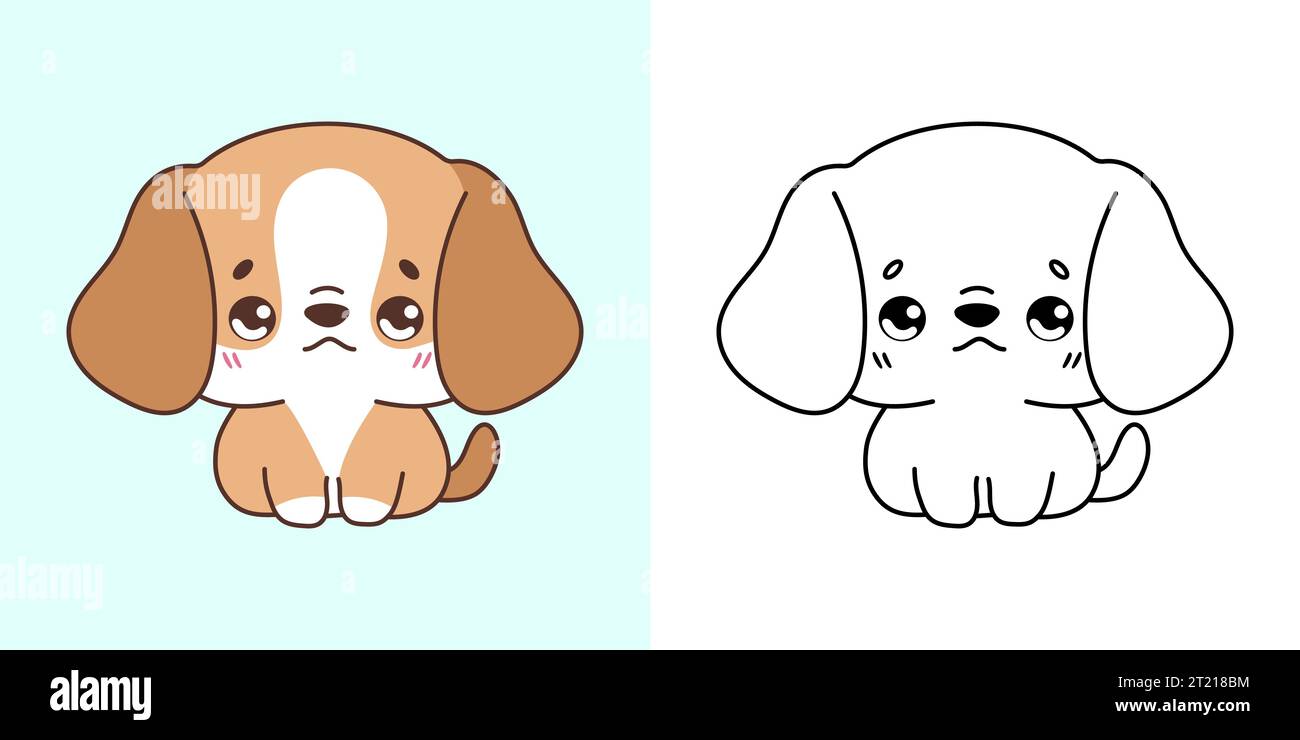 Définissez Clipart Beagle Dog Coloriage page et Illustration colorée. Kawaii Isolated Doggy. Illustration de Vecteur