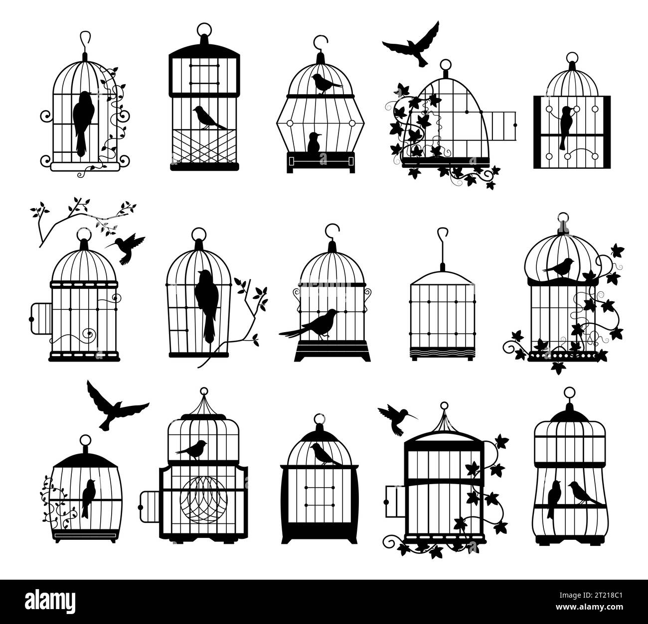 Cages à oiseaux avec silhouettes d'oiseaux. Décalcomanies murales noires avec des oiseaux volants dans des cages, art décoratif minimaliste pour l'intérieur. Collection isolée de vecteurs Illustration de Vecteur