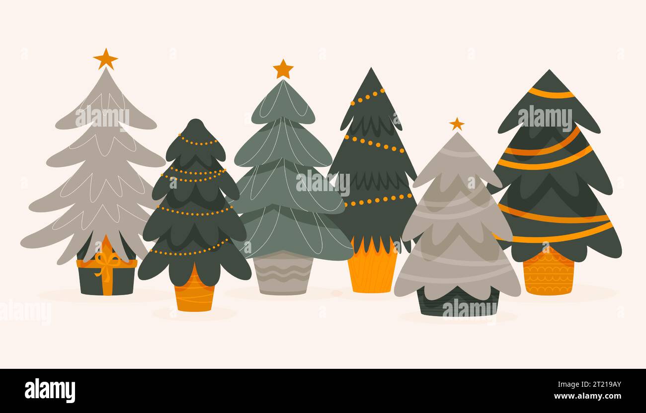 Arbres de Noël en pots. Sapins verts de dessin animé décorés de boules, arbre de noël dans le seau avec des cadeaux pour la célébration du nouvel an. Vecteur isolé Illustration de Vecteur
