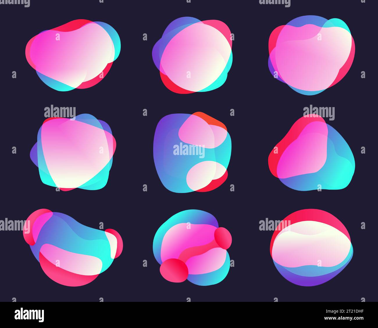 Formes dégradés organiques. Figures colorées abstraites avec différentes couleurs saturées. Molécules liquides colorées, ensemble de vecteurs de bulles et d'éclaboussures Illustration de Vecteur