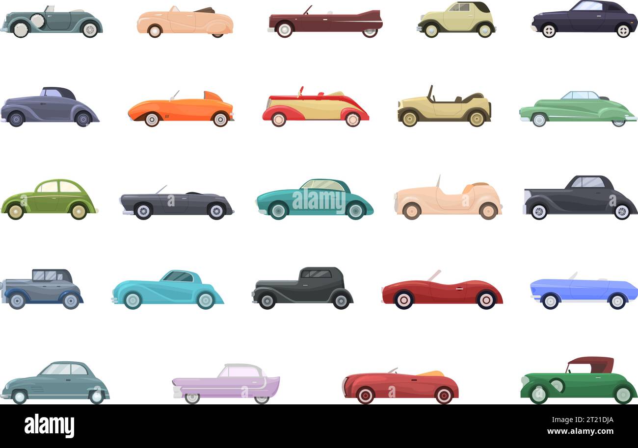 Icônes de location de voiture vintage définir vecteur de dessin animé. Auto classique. Sport personnalisé Illustration de Vecteur