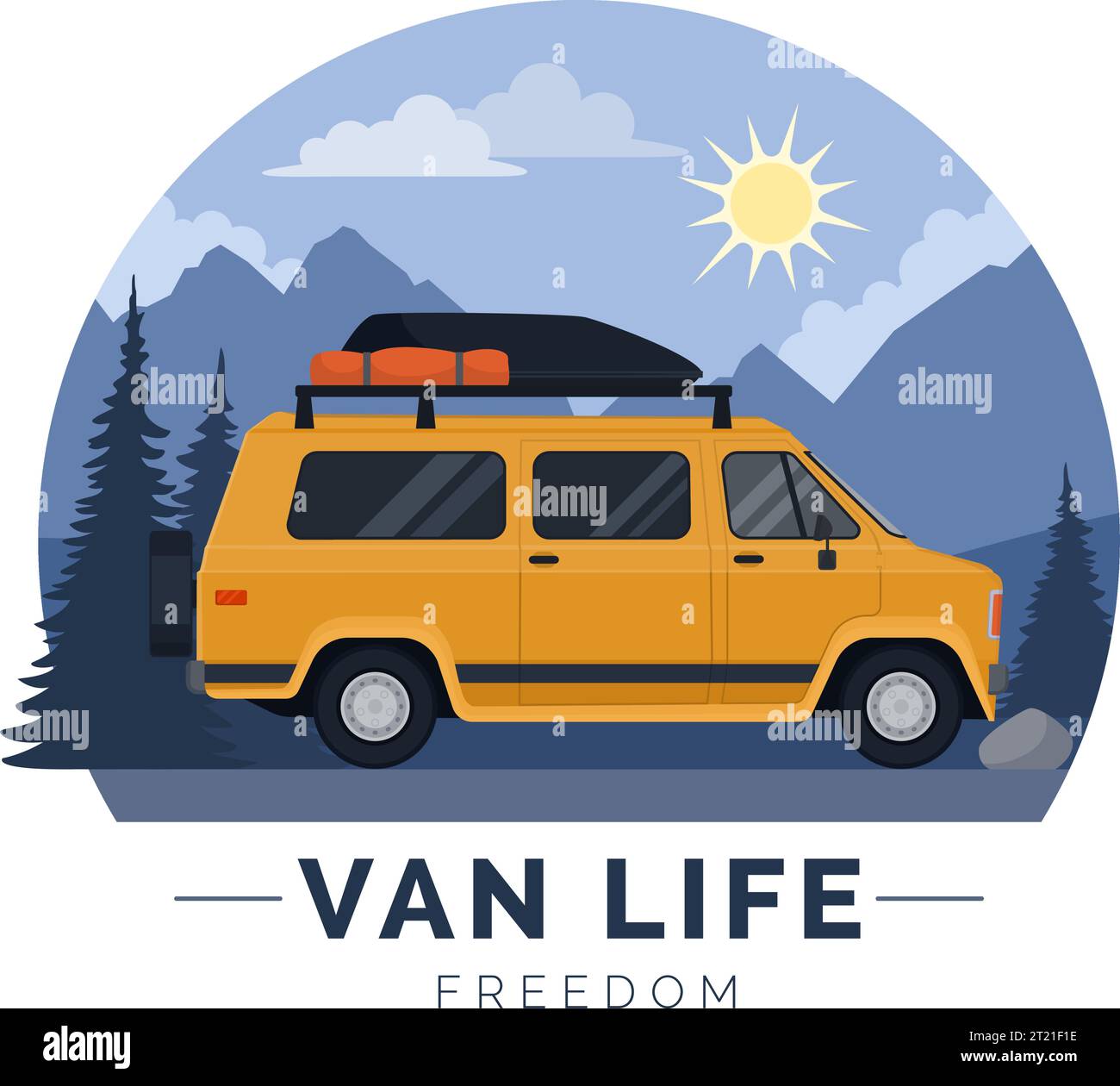 Van vie et voyage : Van et fond de paysage de montagne, badge isolé Illustration de Vecteur
