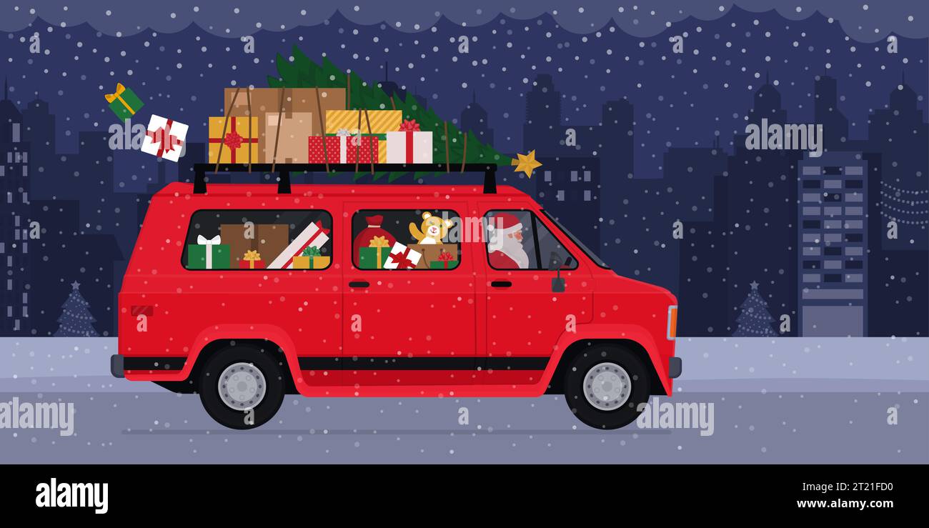 Père Noël conduisant un van dans les rues de la ville et transportant des cadeaux de Noël Illustration de Vecteur