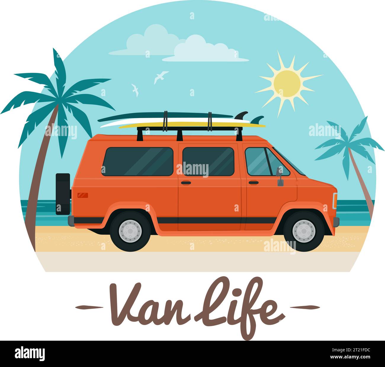 Van Life : Van avec planches de surf sur la plage, autocollant isolé Illustration de Vecteur