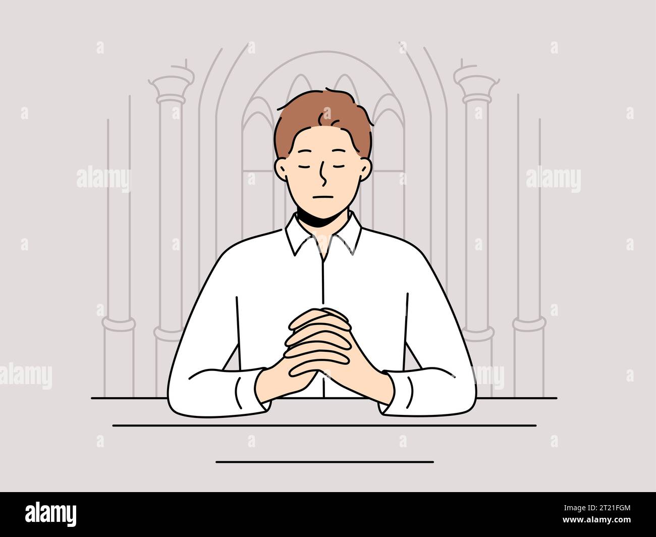 Homme priant assis sur un banc dans le temple cherchant un soutien spirituel dans la religion catholique et chrétienne. Guy ferme les yeux et prie debout dans la cathédrale orthodoxe et a besoin de l'aide du seigneur Illustration de Vecteur