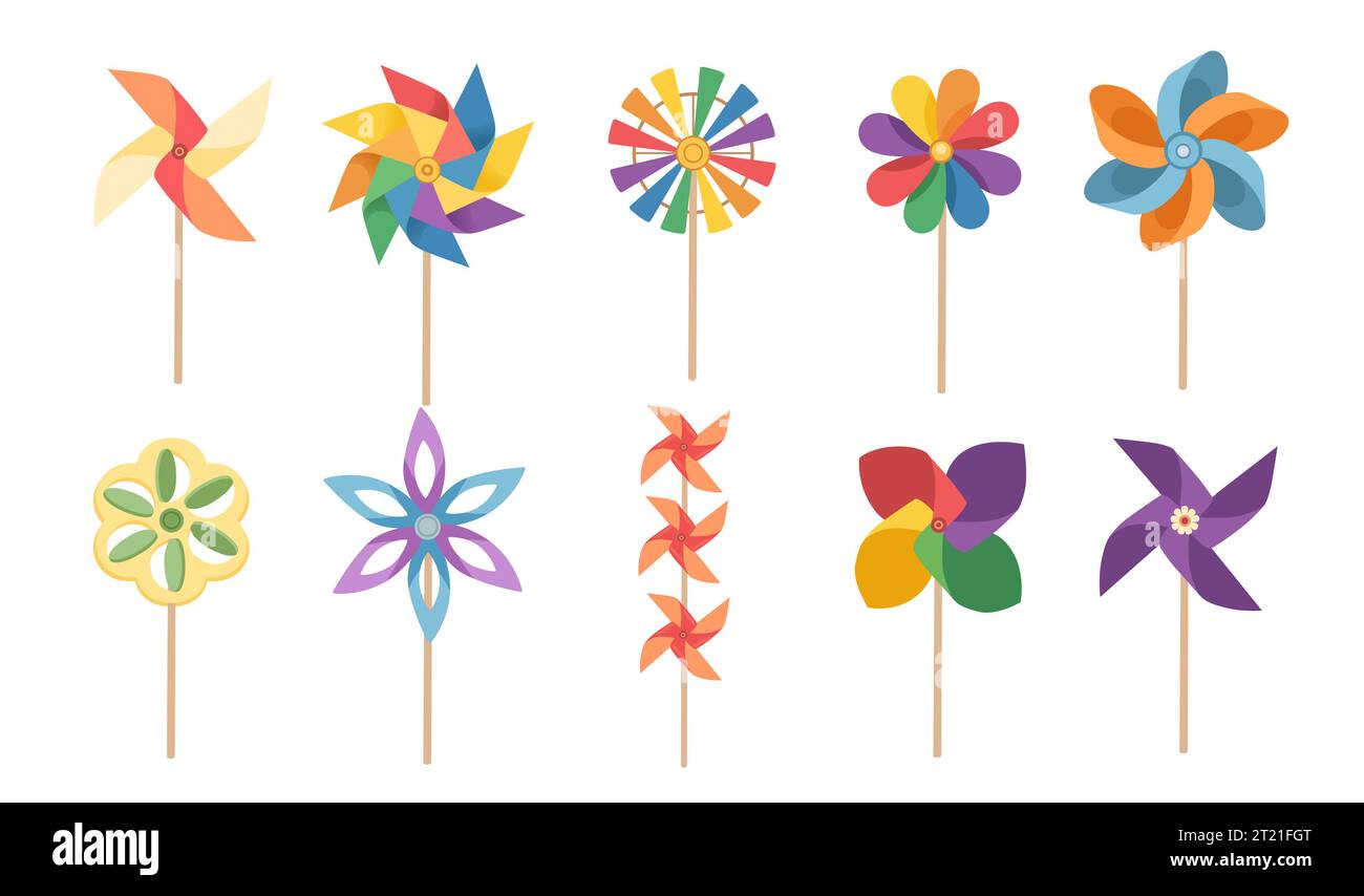 Ensemble de jouet à main simple coloré Pinwheel avec illustration vectorielle de ventilateur de vent isolé sur fond blanc Illustration de Vecteur