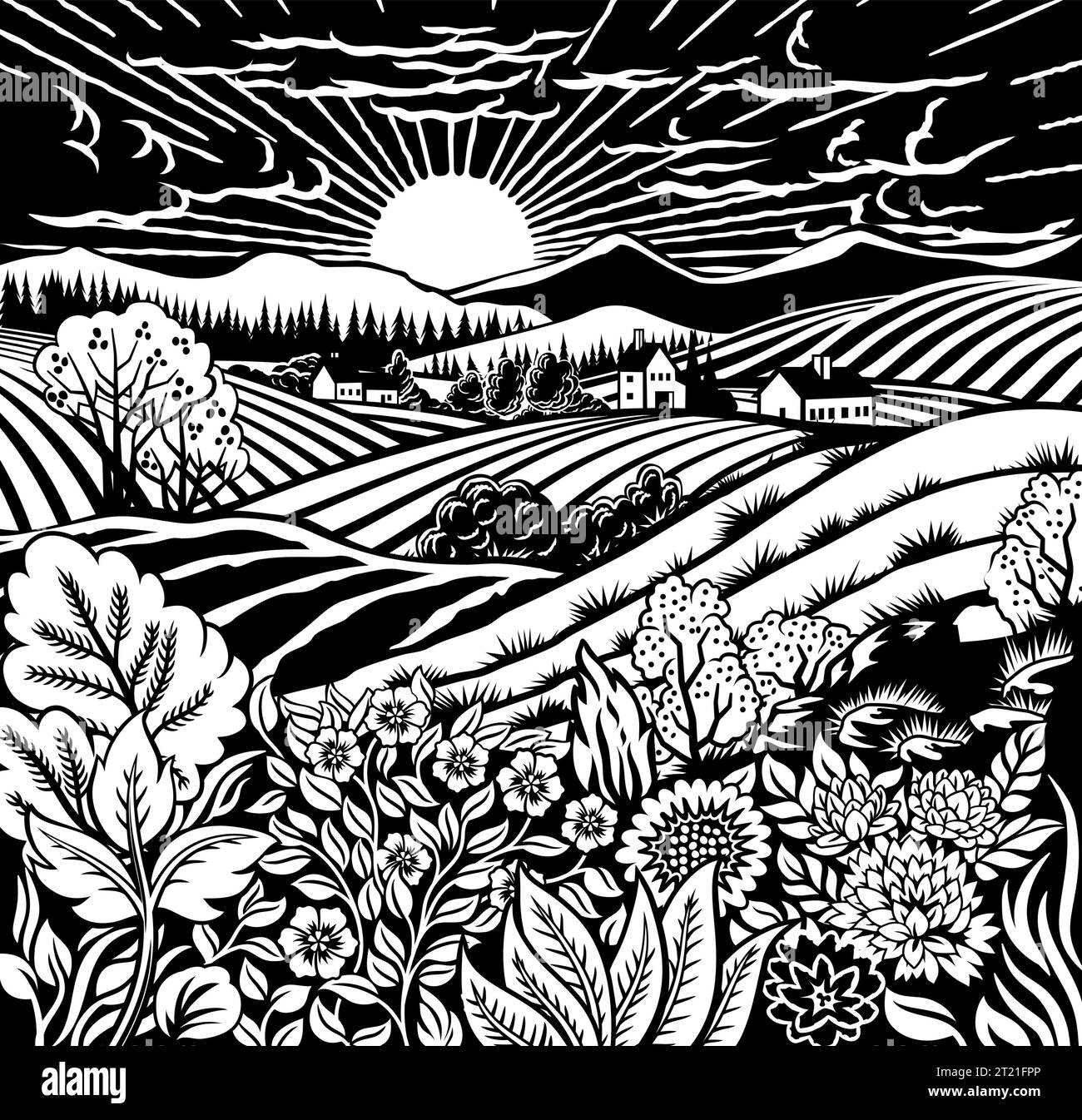 Champs Rolling Hills Farm Land fleurs arrière-plan Illustration de Vecteur