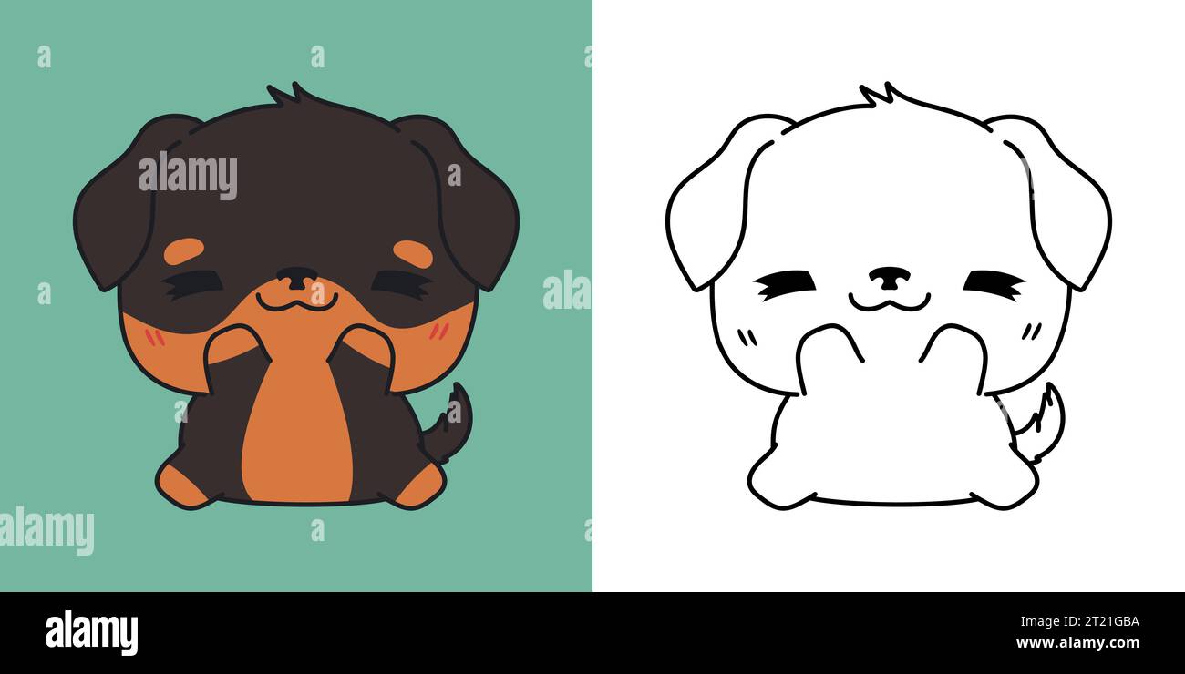 Définir Clipart Rottweiler Dog Coloriage page et Illustration colorée. Chien isolé Kawaii. Illustration de Vecteur
