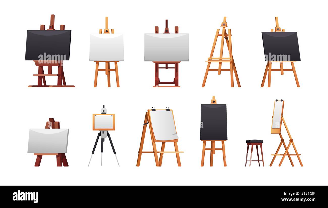 Collection chevalet. Cadres de tableau noir, tableau blanc de toile pour la peinture d'artiste, maquette d'étude de studio. Jeu de vecteurs Illustration de Vecteur