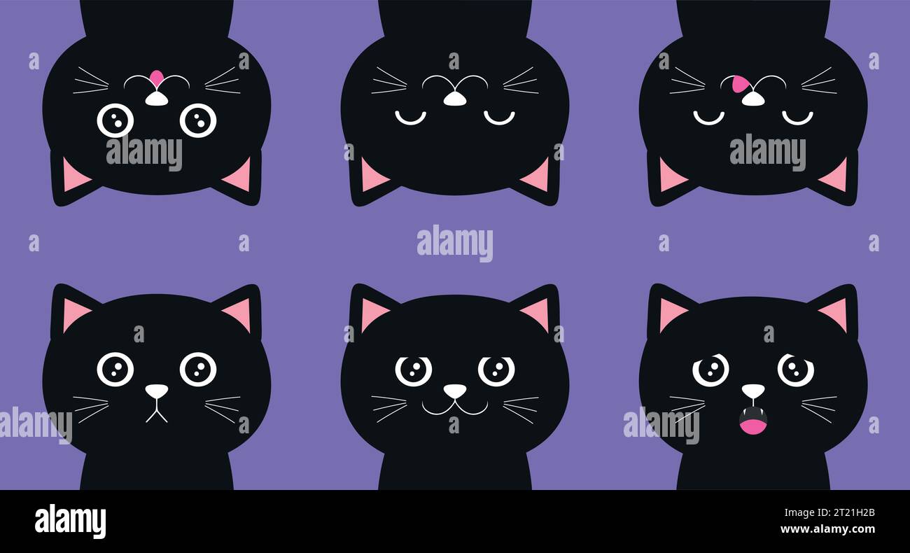 Ensemble de chats noirs de dessin animé avec des émotions différentes. Illustration vectorielle Illustration de Vecteur
