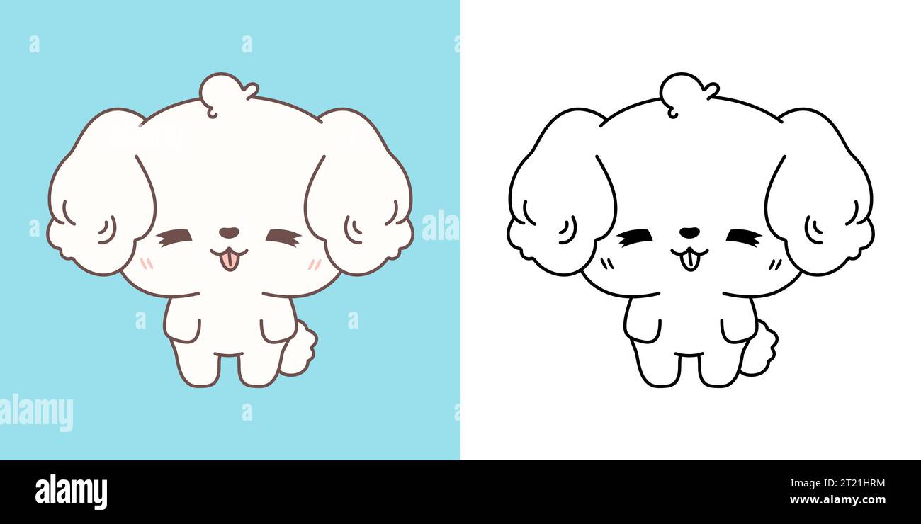 Définir Clipart Bichon frise Dog Coloriage page et Illustration colorée. Chien isolé Kawaii. Illustration de Vecteur