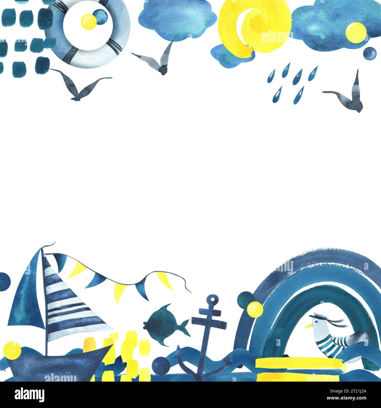 Voilier avec un arc-en-ciel, des vagues, du soleil et des nuages bleus, turquoises et jaunes. Illustration aquarelle dessinée à la main dans un style simple enfantin. Cadre Banque D'Images