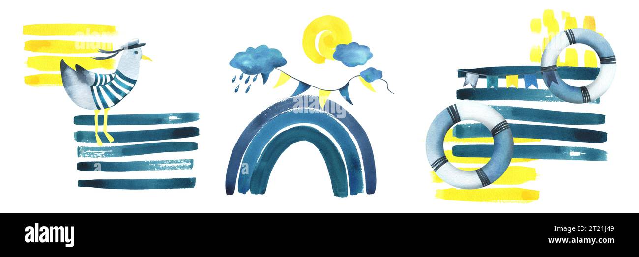 Arc-en-ciel avec une bouée de sauvetage, mouette, nuages, soleil et guirlande de drapeaux bleus, turquoises et jaunes. Illustration aquarelle dessinée à la main dans un simple enfantin Banque D'Images