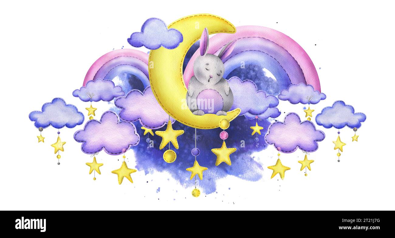 Un mignon lapin gris cousu est assis et dort sur une lune jaune avec des étoiles suspendues sur le fond du ciel nocturne. Illustration aquarelle, main Banque D'Images