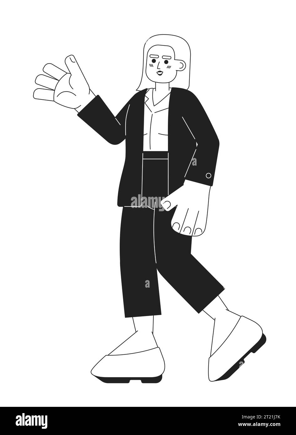 Sympathique femme d'affaires hispanique saluant le personnage de dessin animé 2D noir et blanc Illustration de Vecteur