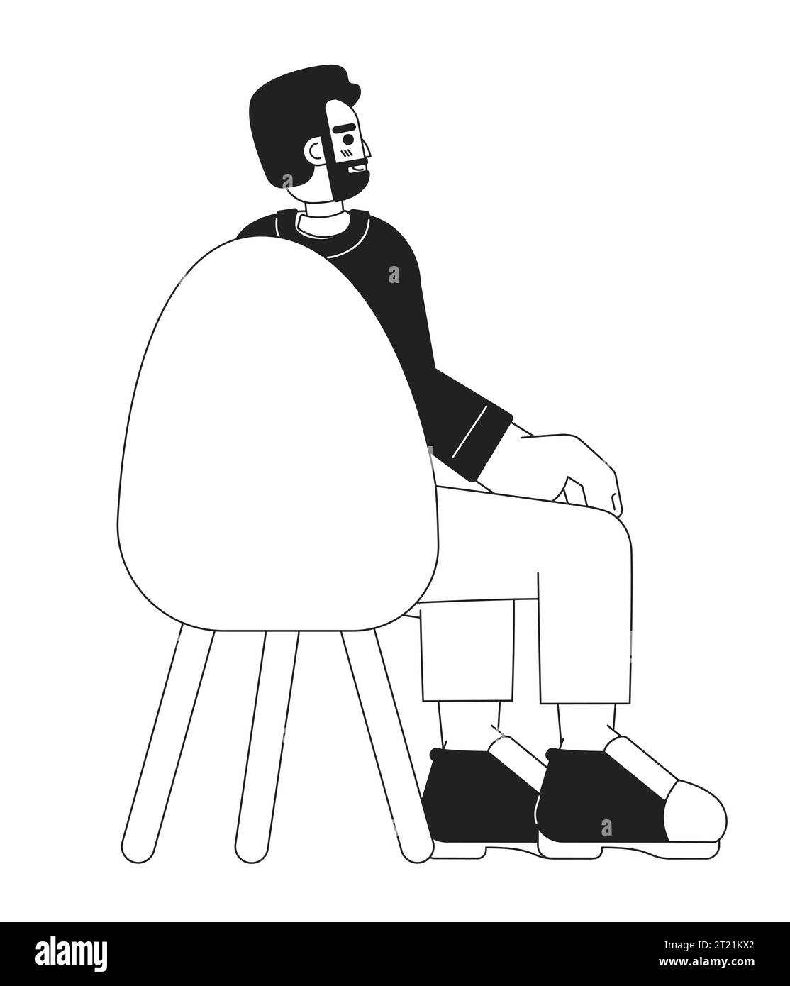 Homme européen barbu assis dans la chaise vue arrière personnage de dessin animé 2D noir et blanc Illustration de Vecteur