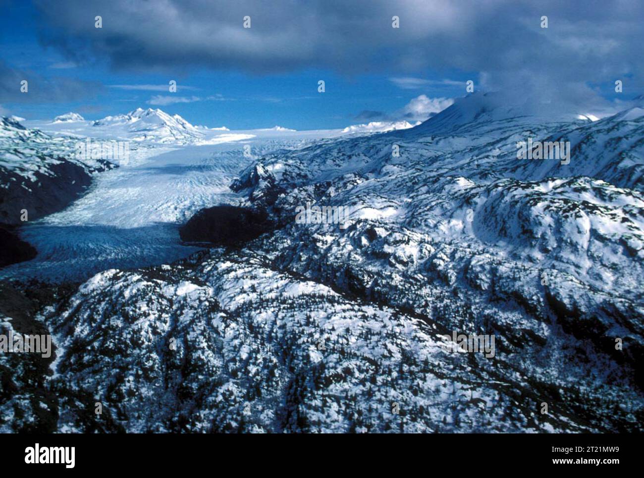 Vue aérienne d'un glacier sur le côté inférieur ouest de Cook Inlet, Alaska. La photographie met en évidence la taille et le positionnement du glacier dans le terrain montagneux. Les glaciers sont un élément clé du paysage accidenté de l'Alaska, façonné par la géographie physique et les conditions climatiques. Banque D'Images