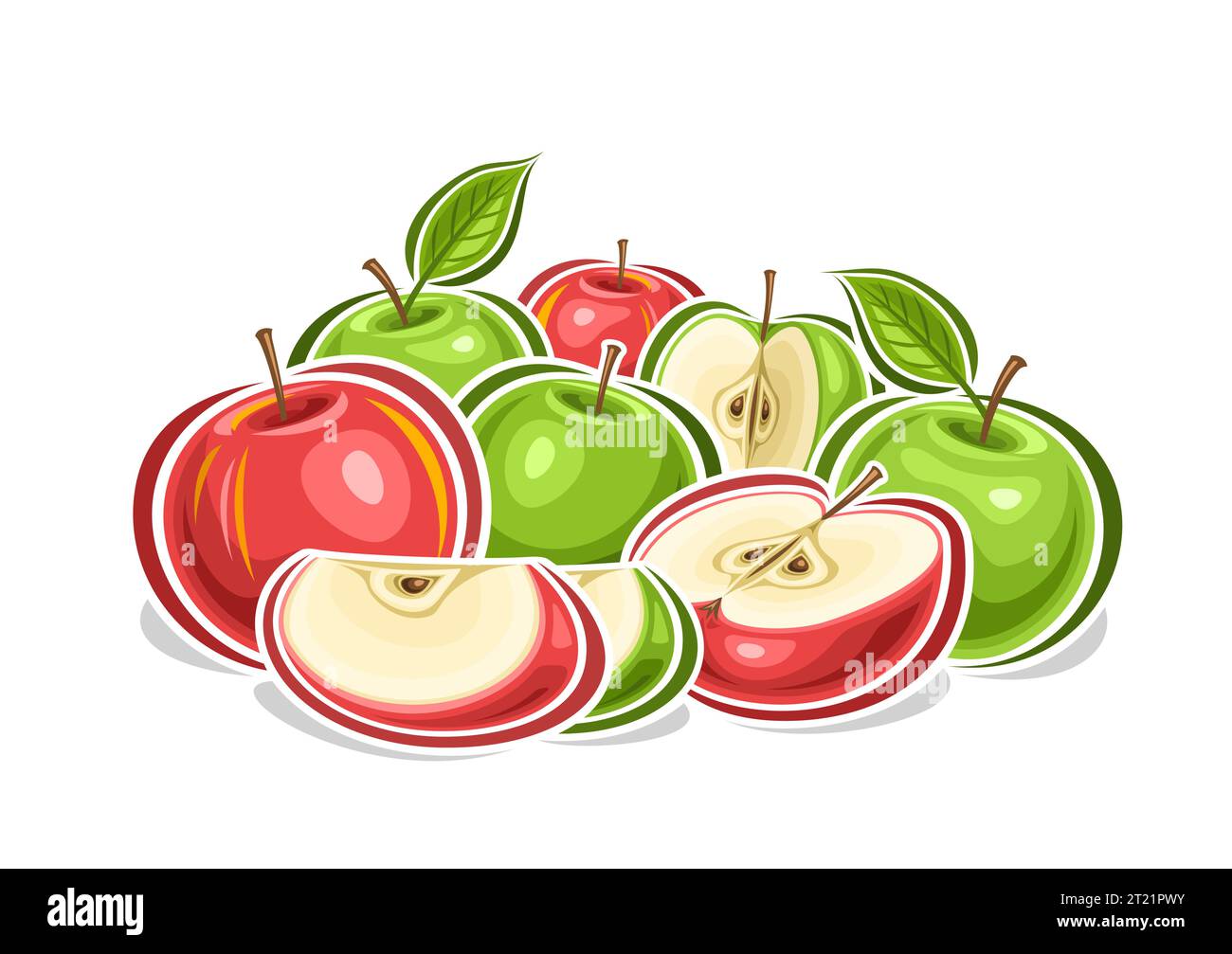 Logo vectoriel pour pommes colorées, affiche horizontale décorative avec illustration de contour de la composition fruitée de pomme rouge et verte, impression de fruits avec gr Illustration de Vecteur