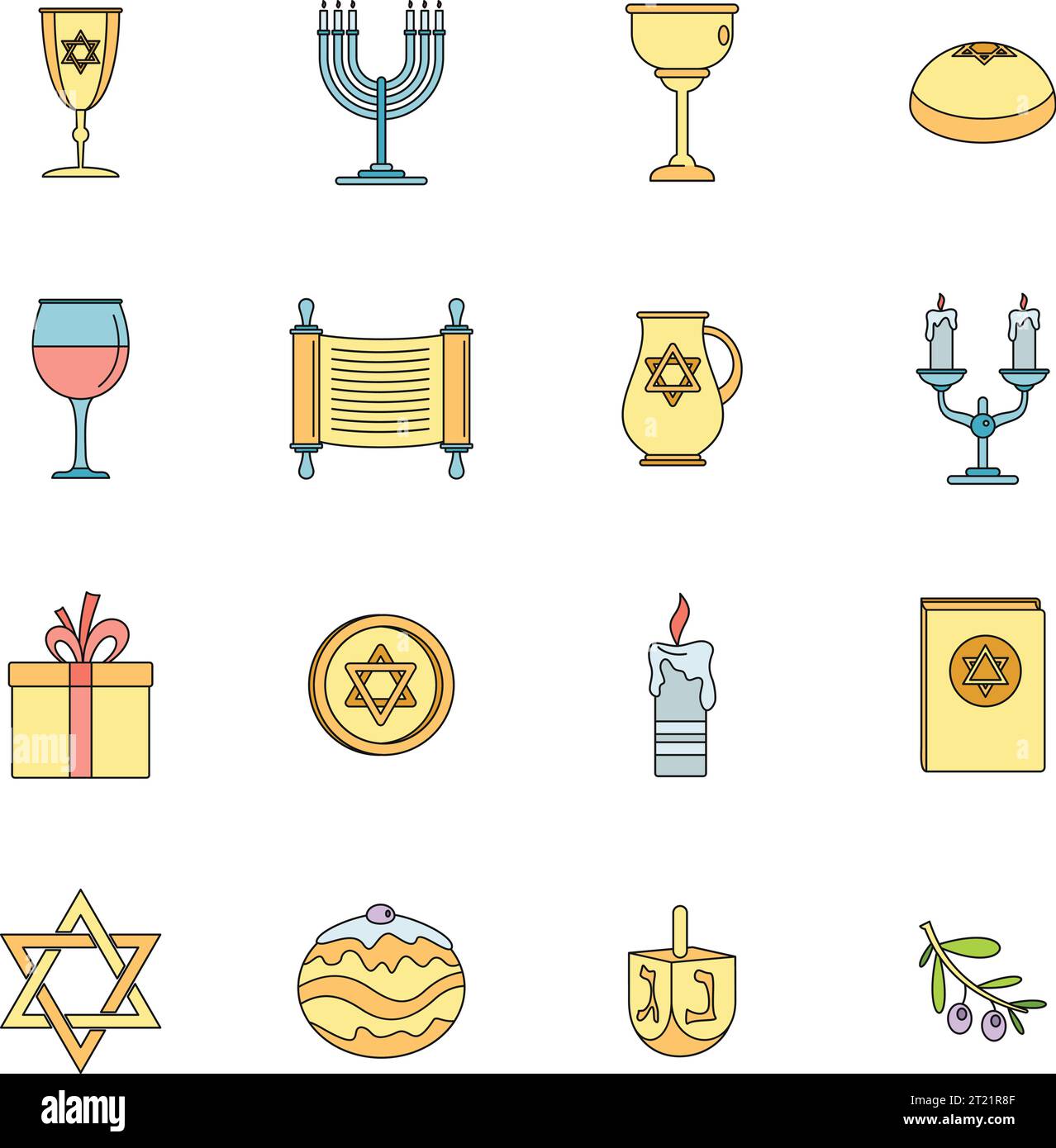 Ensemble d'icônes de vacances juives de Chanukah. Illustration de contour de 16 icônes vectorielles de vacances juives de chanukah couleur de ligne mince à plat sur blanc Illustration de Vecteur