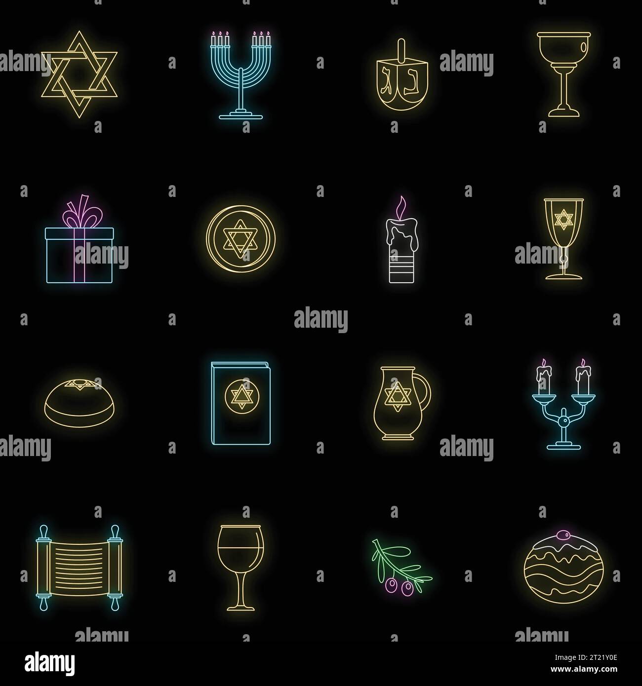 Ensemble d'icônes de vacances juives de Chanukah. Illustration de contour de 16 icônes vectorielles de vacances juives chanukah couleur néon sur noir Illustration de Vecteur