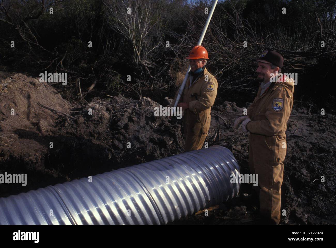 Deux employés du U.S. Fish and Wildlife Service travaillent ensemble à l'installation d'un tuyau de contrôle de l'eau en Virginie. Ce projet appuie la gestion de l'eau et la conservation de l'habitat en contrôlant le débit d'eau dans les milieux humides afin d'améliorer la santé de l'écosystème. Banque D'Images