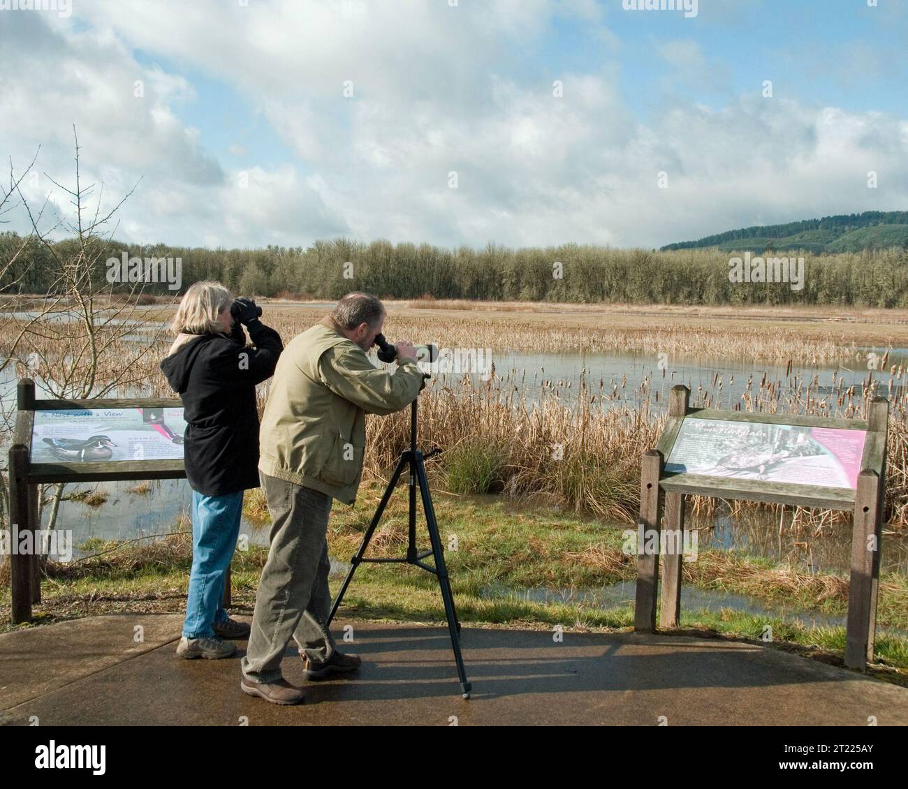 Les ornithologues apprécient le paysage de la réserve naturelle nationale William L. Finley. Sujets : observation des oiseaux ; connecter les gens avec la nature ; Loisirs ; refuges pour animaux sauvages. Localisation : Oregon. Site du Fish and Wildlife Service : REFUGE FAUNIQUE NATIONAL WILLIAM L. FINLEY. Banque D'Images