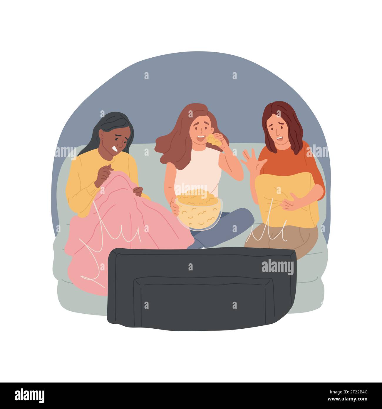 Illustration vectorielle isolée de dessin animé de film d'horreur. Amis adolescents effrayés regardant le film d'horreur ensemble, divertissement à la maison, temps de loisirs de l'adolescent, film de télévision et série, dessin animé de vecteur de télévision. Illustration de Vecteur